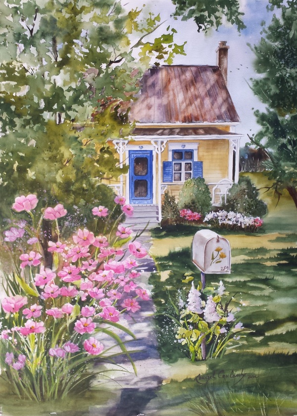 Devant la maison jaune 22 x 30 aquarelle vernie